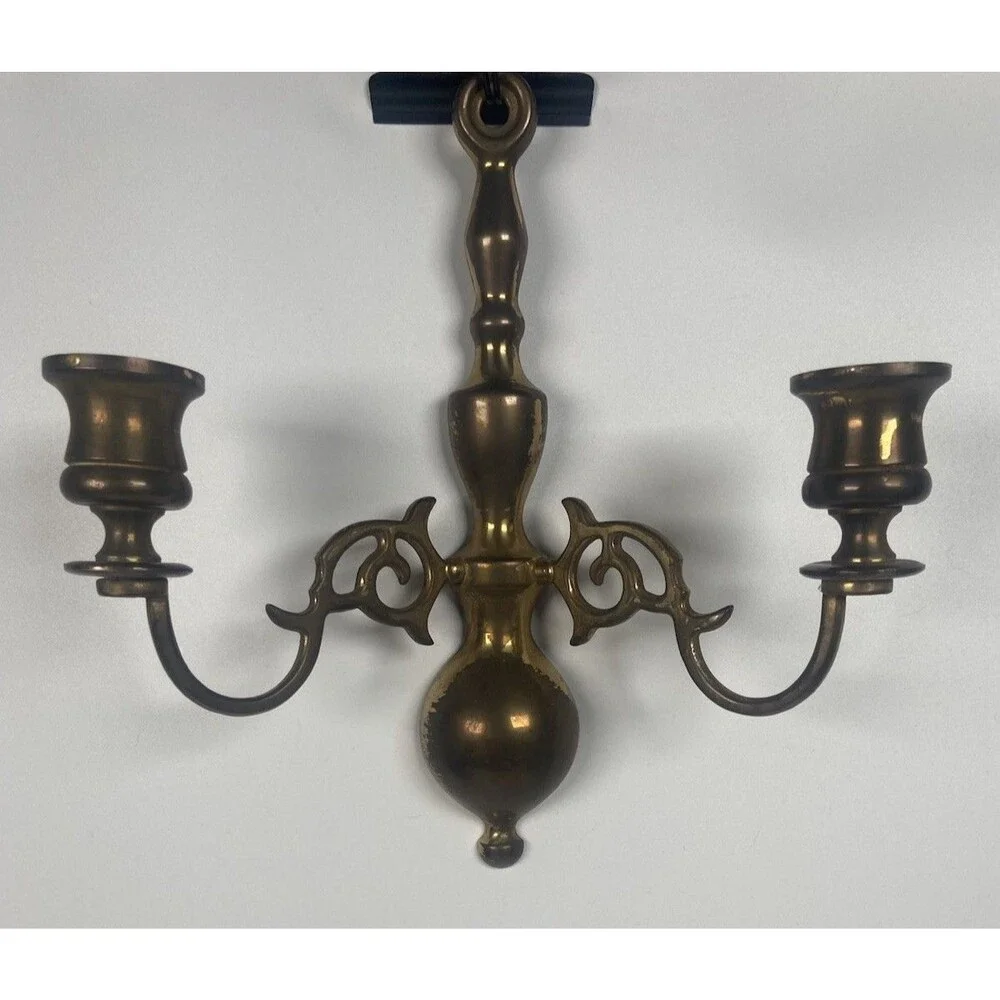 Double Candle Holders Brass 2 Arm Wall Sconce Made In England Vintage Old Brass